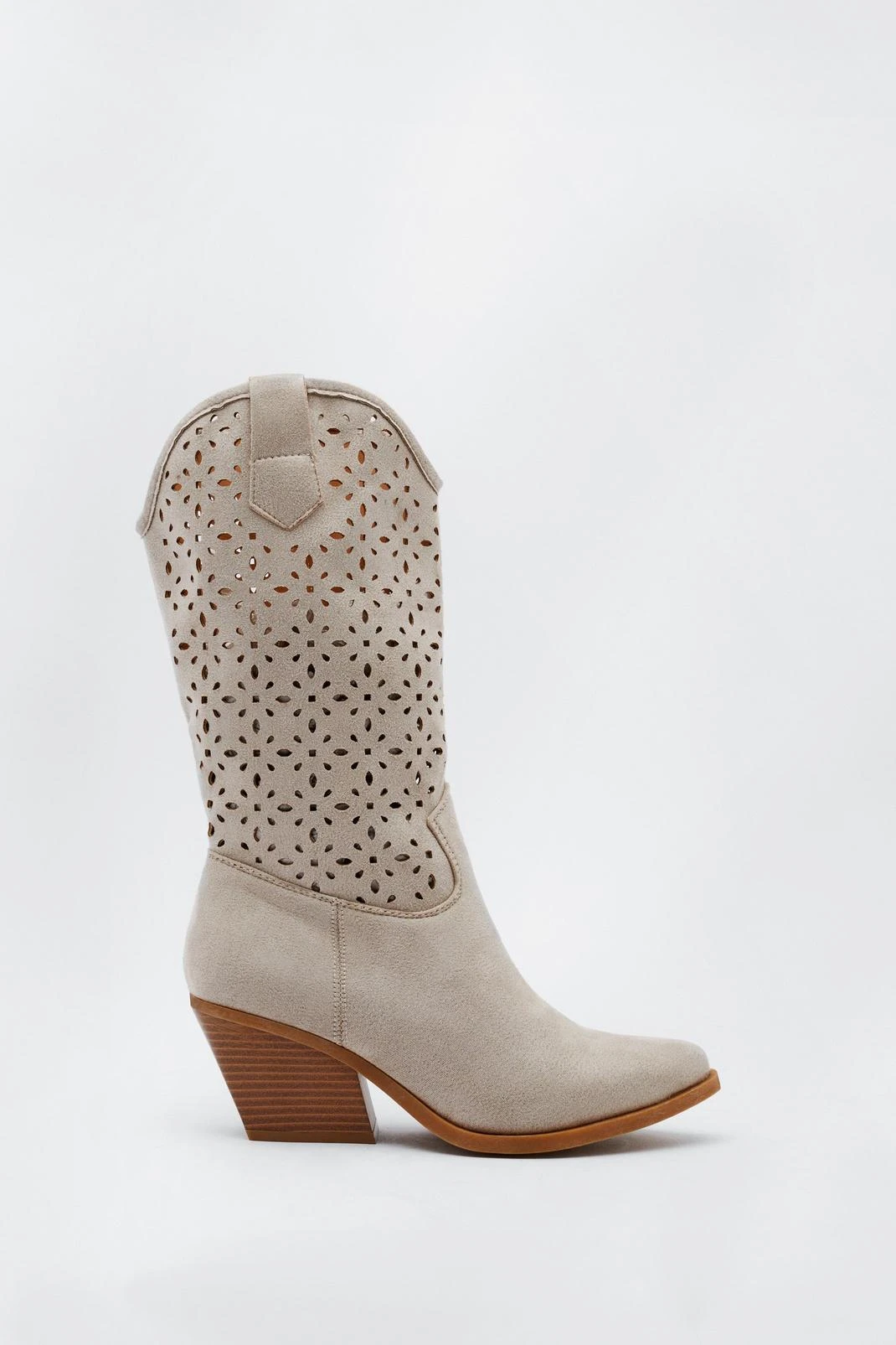 Faux Suede Lazer Cut Midi Cowboy Boots - Image 2