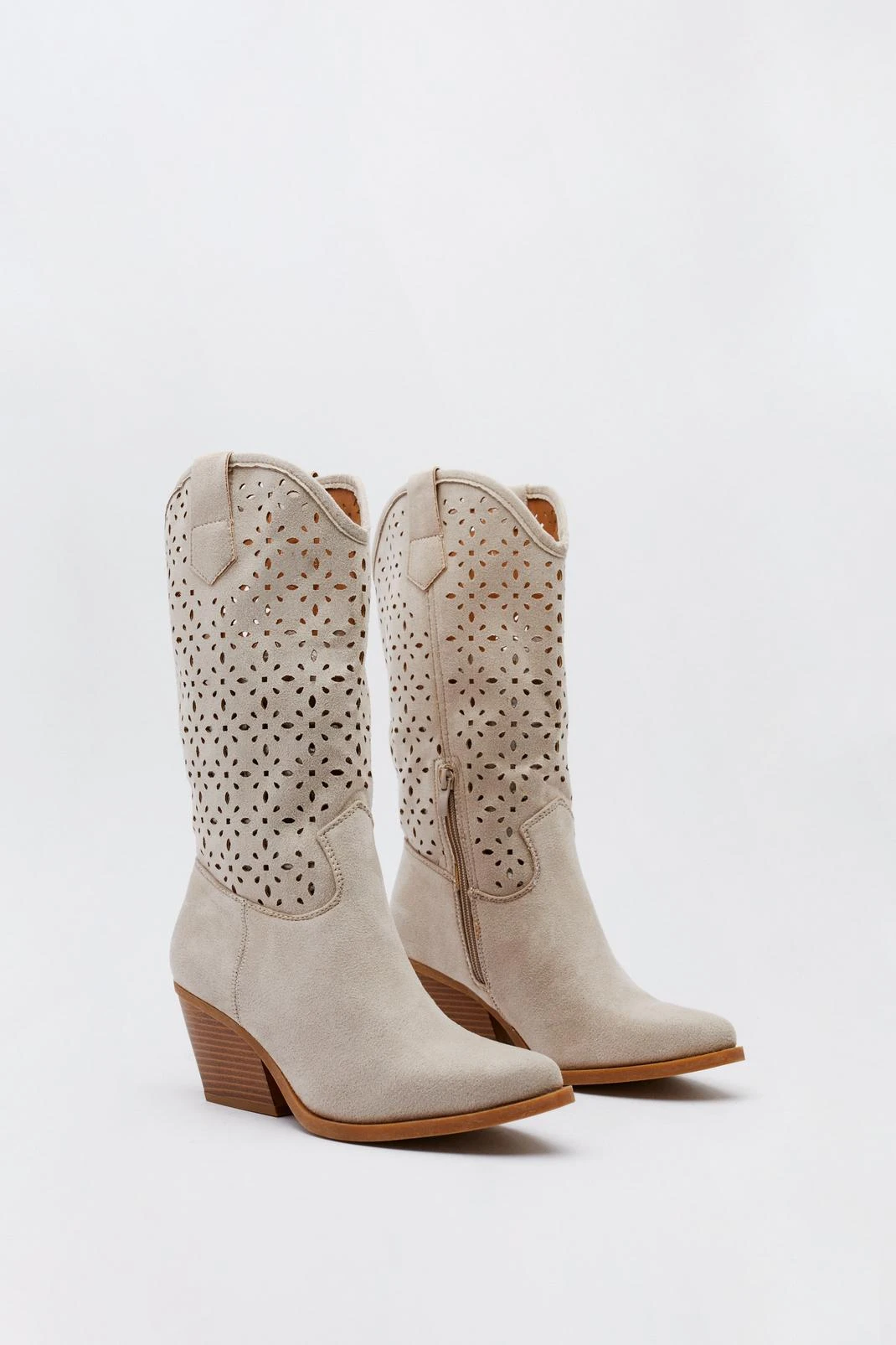 Faux Suede Lazer Cut Midi Cowboy Boots - Image 3