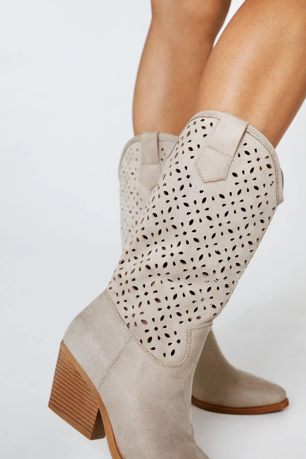 Faux Suede Lazer Cut Midi Cowboy Boots