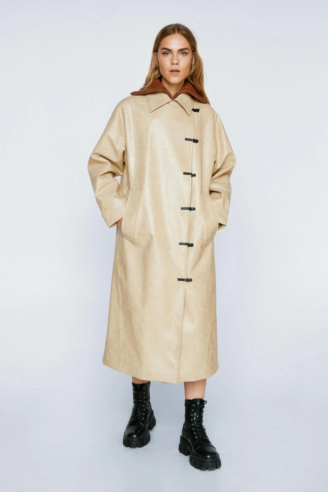 Premium Toggle Detail Faux Leather Vinyl Coat - Image 2