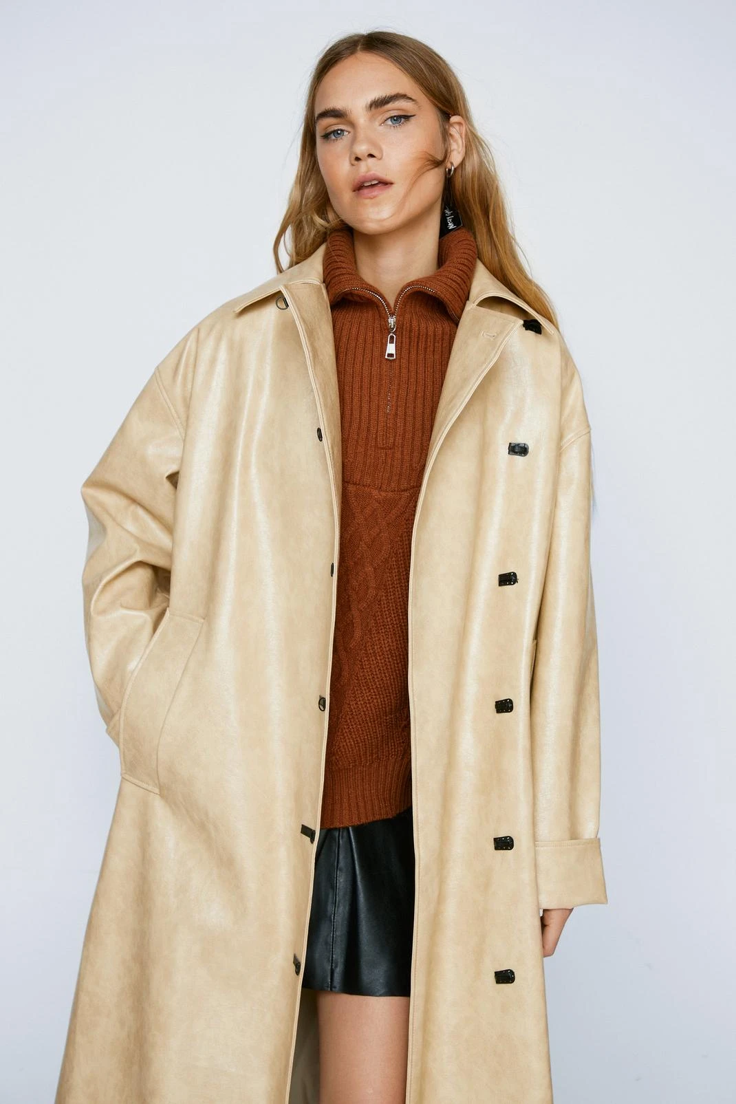 Premium Toggle Detail Faux Leather Vinyl Coat