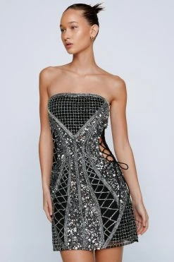 Bandeau Sequin Lace Up Cut Out Mini Dress