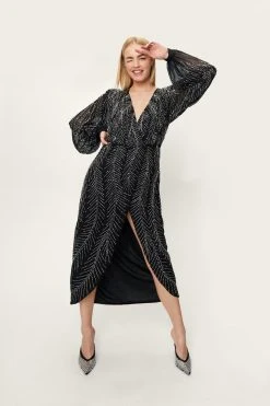 Beaded Wrap Front Plunging Midi Dress