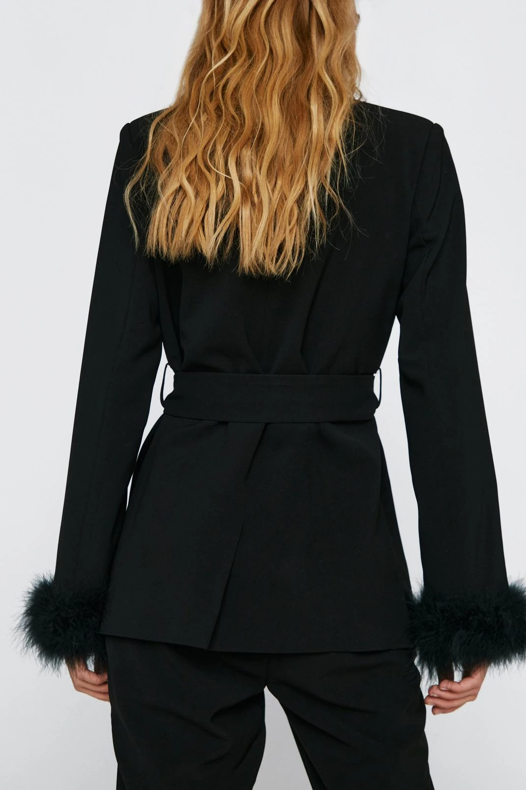 Belted Blazer With Feather Cuffs - Image 6