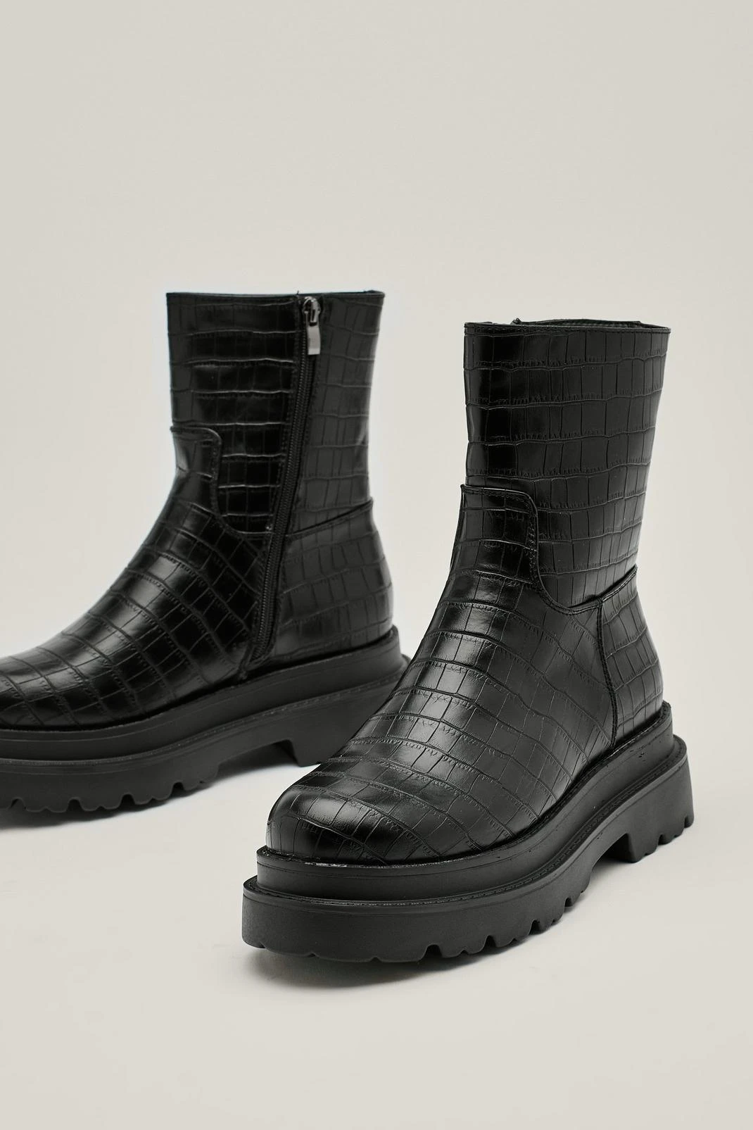 Chunky Croc Embossed Zip Down Ankle Boots - Image 2