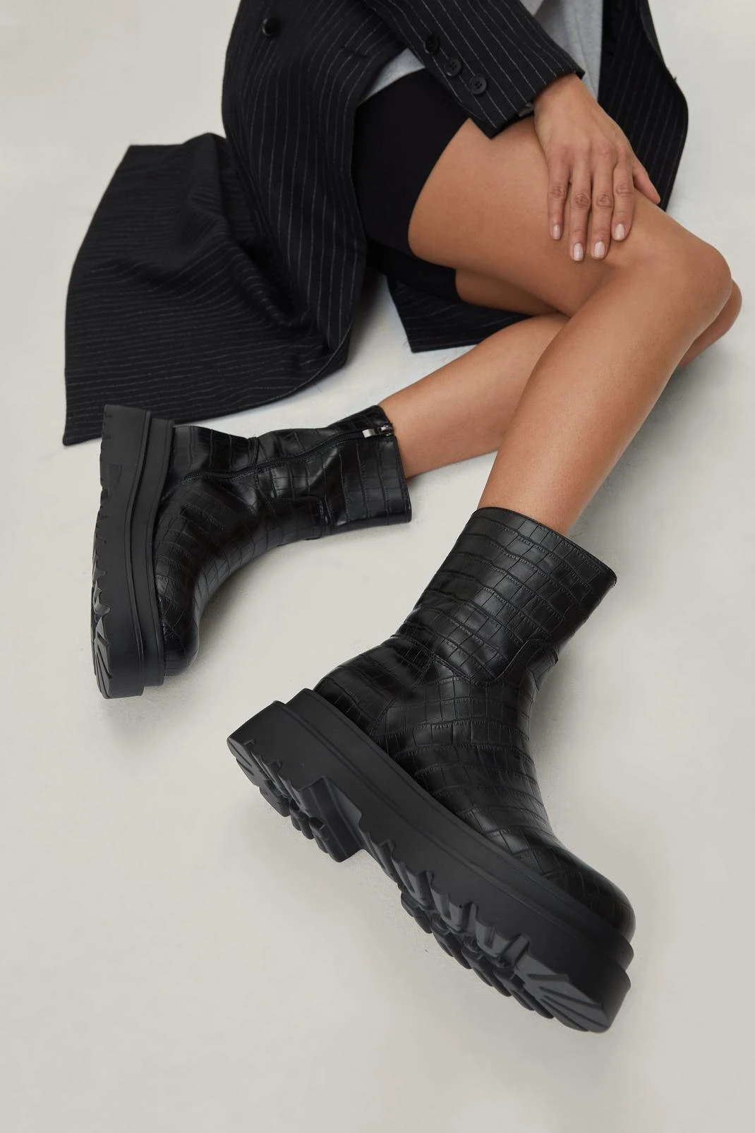 Chunky Croc Embossed Zip Down Ankle Boots - Image 4