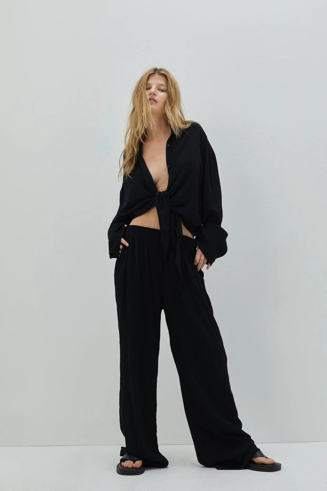 Crinkle Button Down Tie Front Cover Up Shirt - Image 4