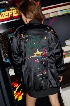 Embroidered Detail Satin Oversized Bomber