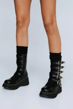 Faux Leather Buckle Detail Ankle Boot