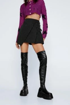 Faux Leather Chunky Wedge Thigh High Boots