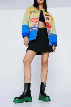 Faux Leather Contrast Zip Up Biker Boots