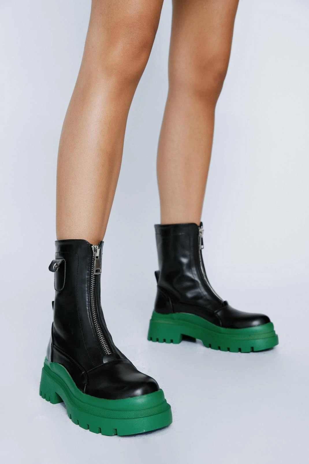 Faux Leather Contrast Zip Up Biker Boots - Image 4