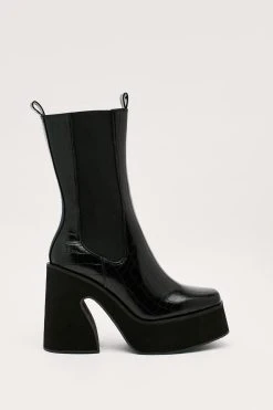 Faux Leather Croc Platform Flare Chelsea Boots