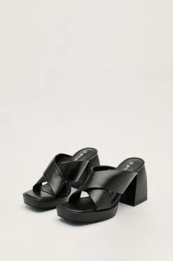 Faux Leather Cross Front Platform Heeled Mule