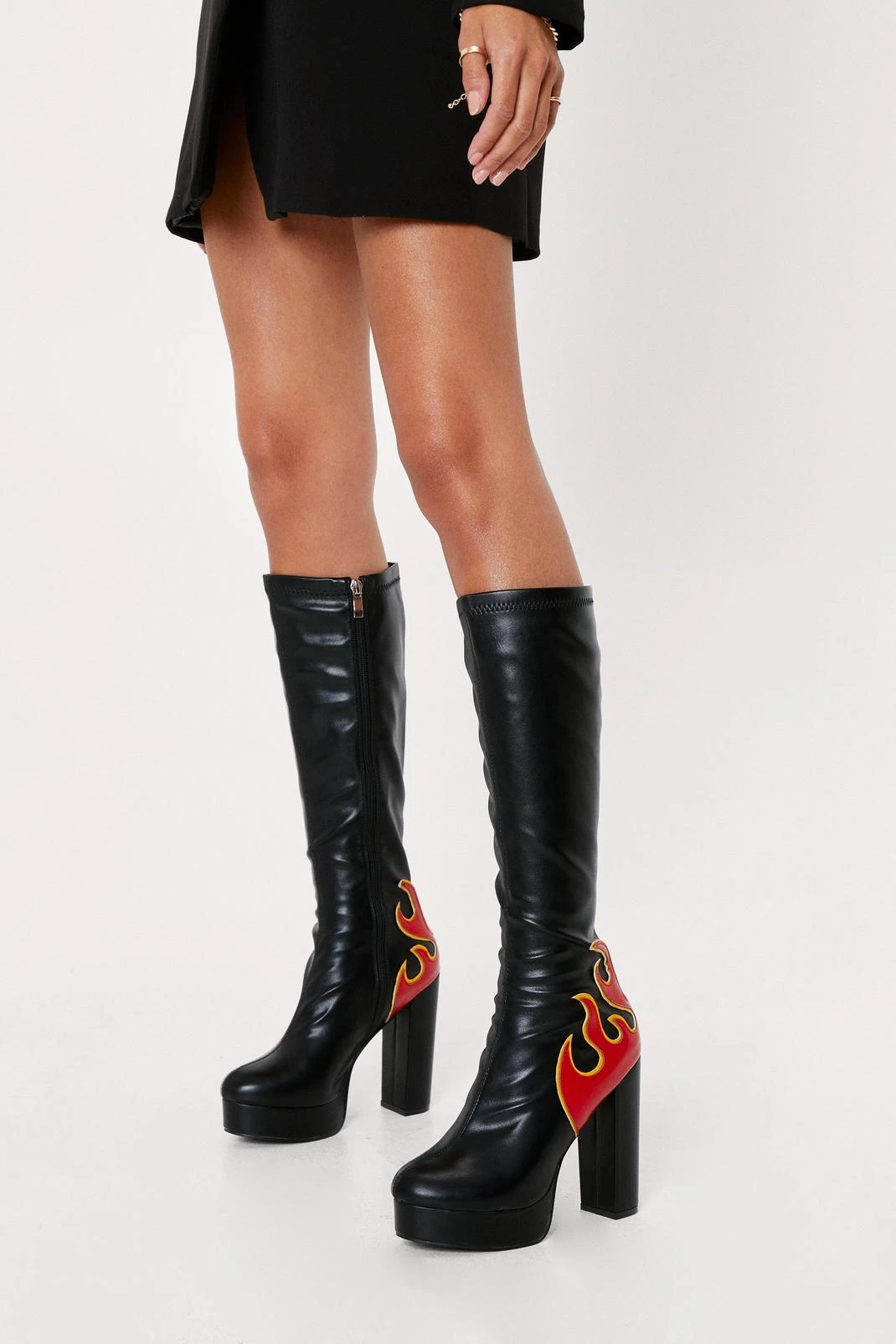Faux Leather Flame Platform Knee High Boots - Image 4