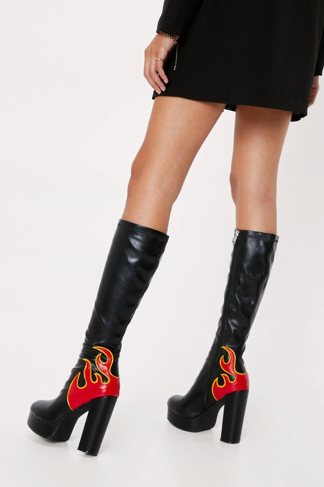 Faux Leather Flame Platform Knee High Boots