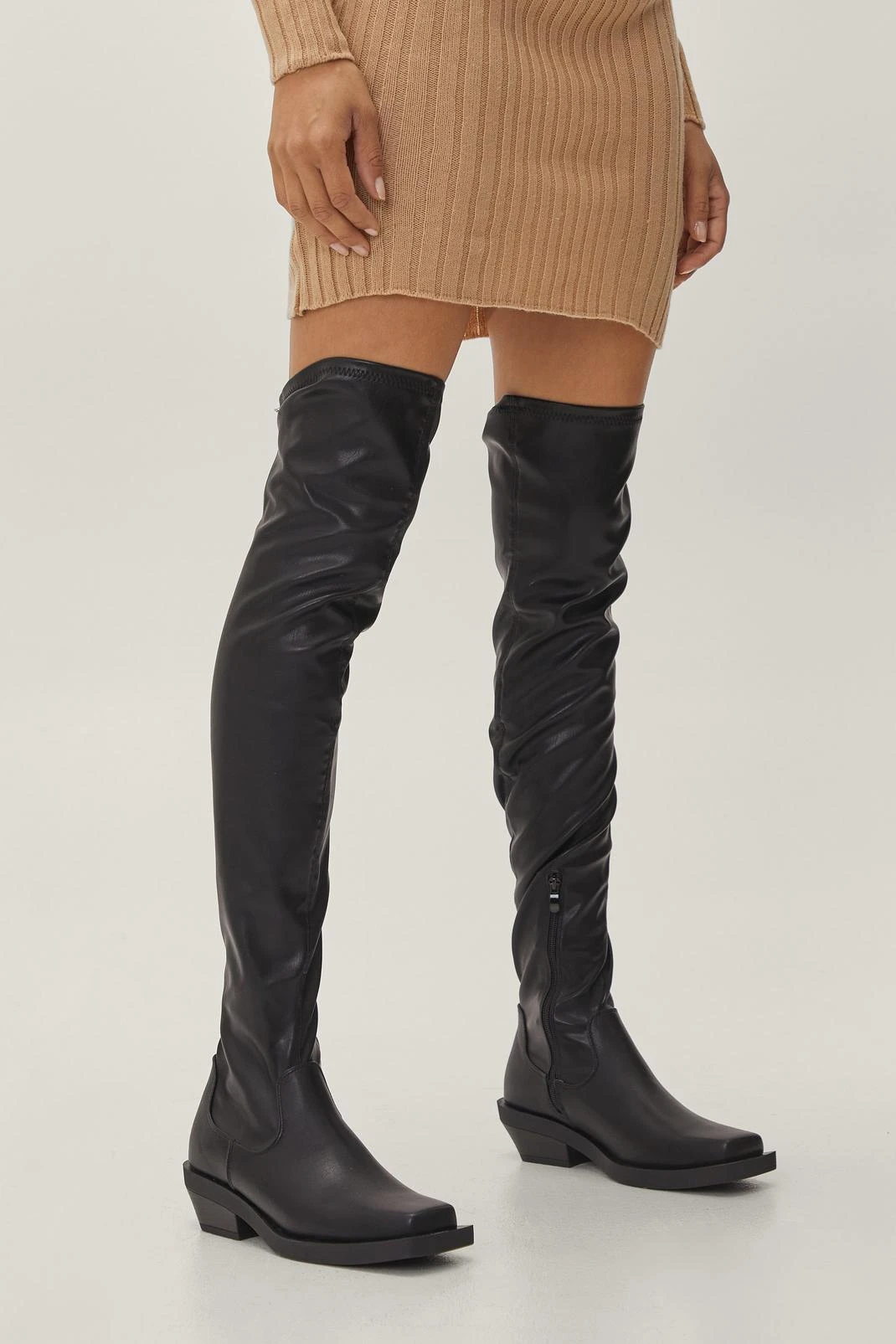 Faux Leather Over The Knee Cuban Heel Boots - Image 4