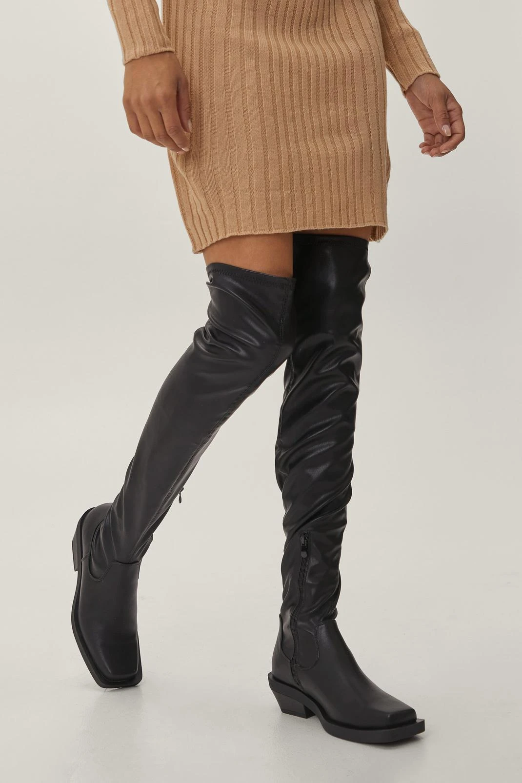 Faux Leather Over The Knee Cuban Heel Boots