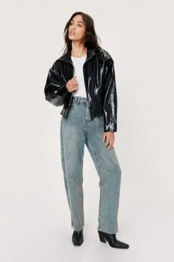 Faux Leather Zip Down Collared Biker Jacket