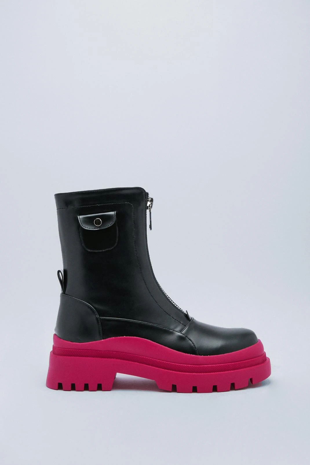 Faux Leather Zip Up Contrast Biker Boots - Image 2