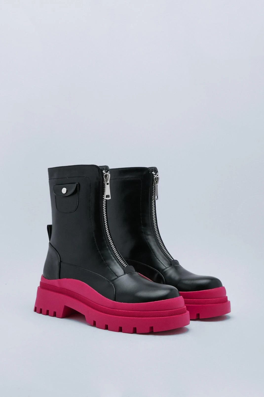 Faux Leather Zip Up Contrast Biker Boots - Image 3