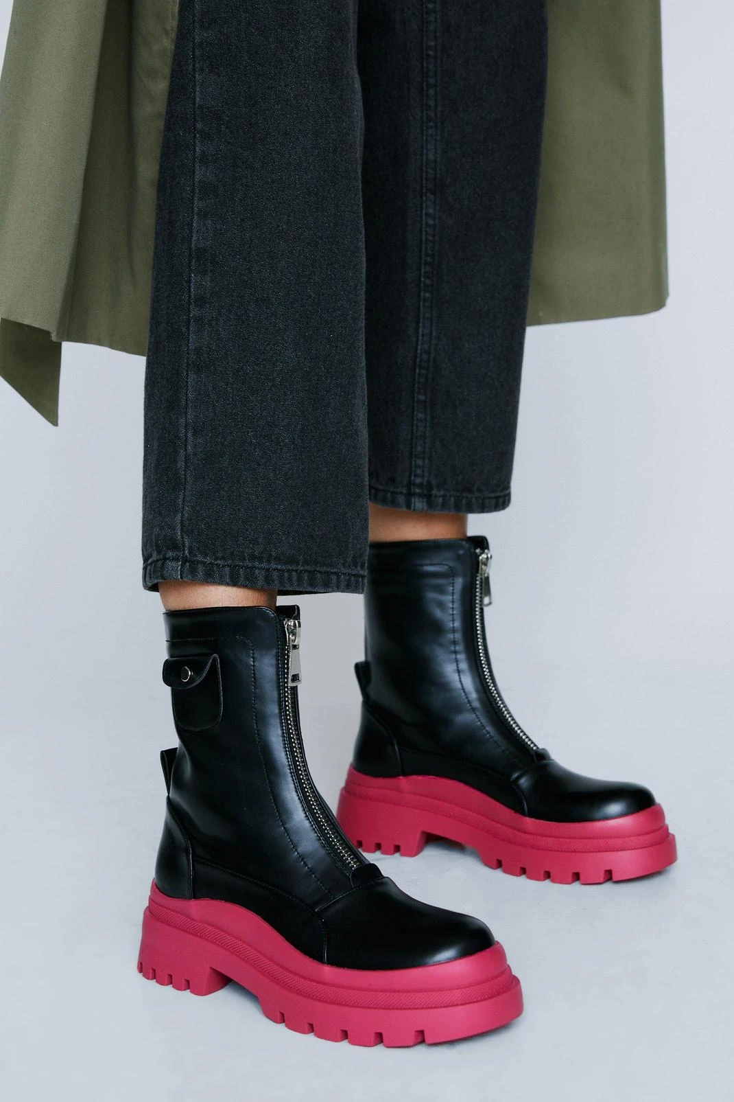 Faux Leather Zip Up Contrast Biker Boots - Image 4