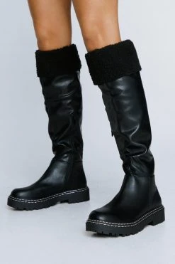 Faux Sheering Contrast Stitch Knee High Boots