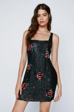 Floral Sequin Square Neck Mini Dress