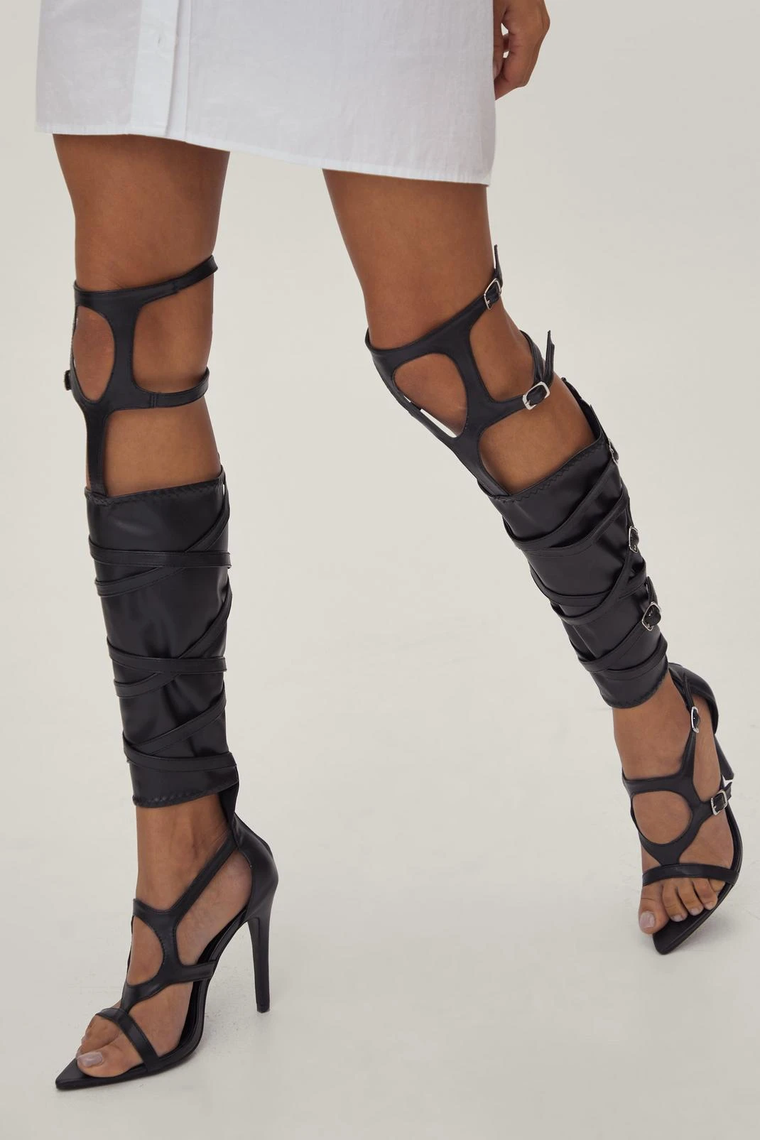 Knee High Buckle Strappy Pointed Heels - Image 2