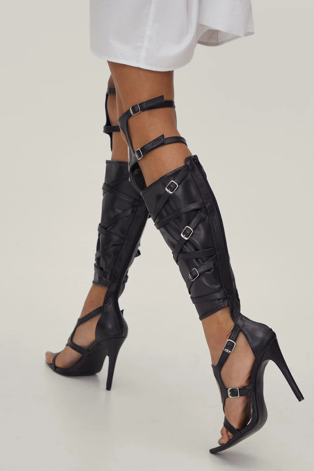 Knee High Buckle Strappy Pointed Heels - Image 3