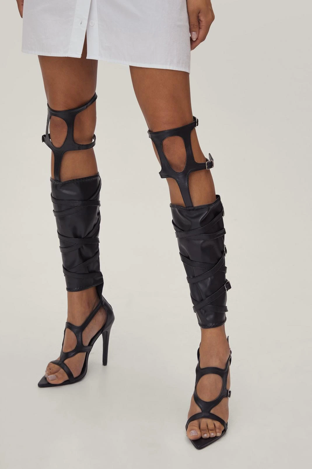 Knee High Buckle Strappy Pointed Heels - Image 4