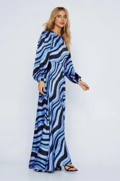Marble Satin Long Sleeve Open Back Dress 8 Marble Satin Long Sleeve Open Back Dress -Nasty Gal shop womens black marble satin long sleeve open back dress 2