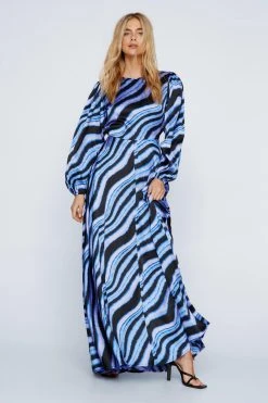 Marble Satin Long Sleeve Open Back Dress