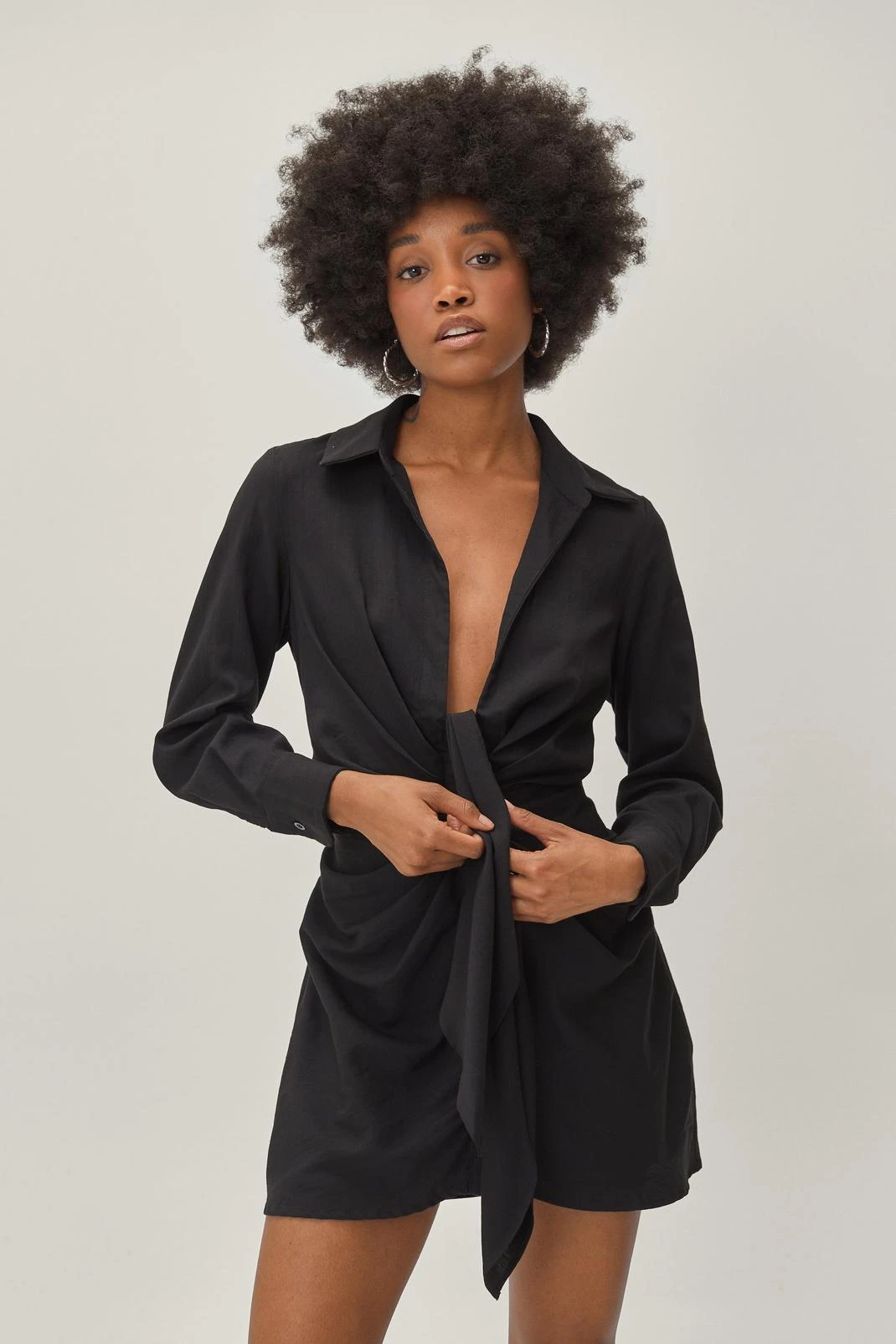 Petite Knot Front V Neck Mini Shirt Dress - Image 5