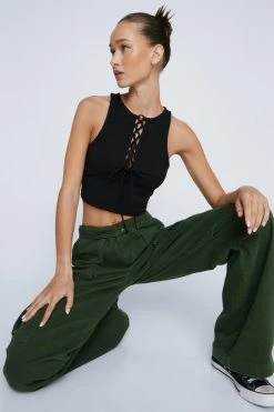 Petite Lace Up Front Cropped Tank Top
