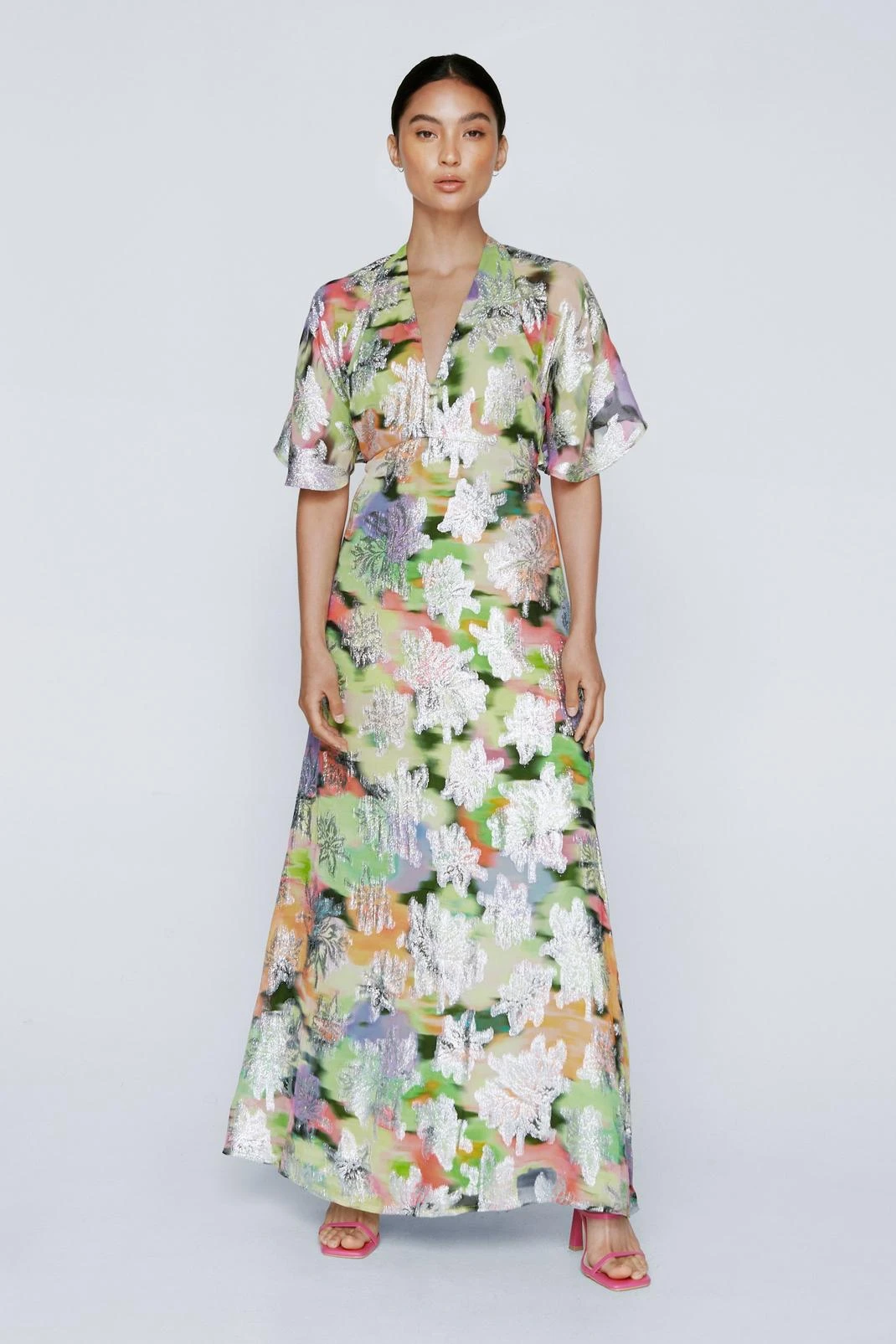 Petite Metallic Floral Print Angel Sleeve Dress - Image 3