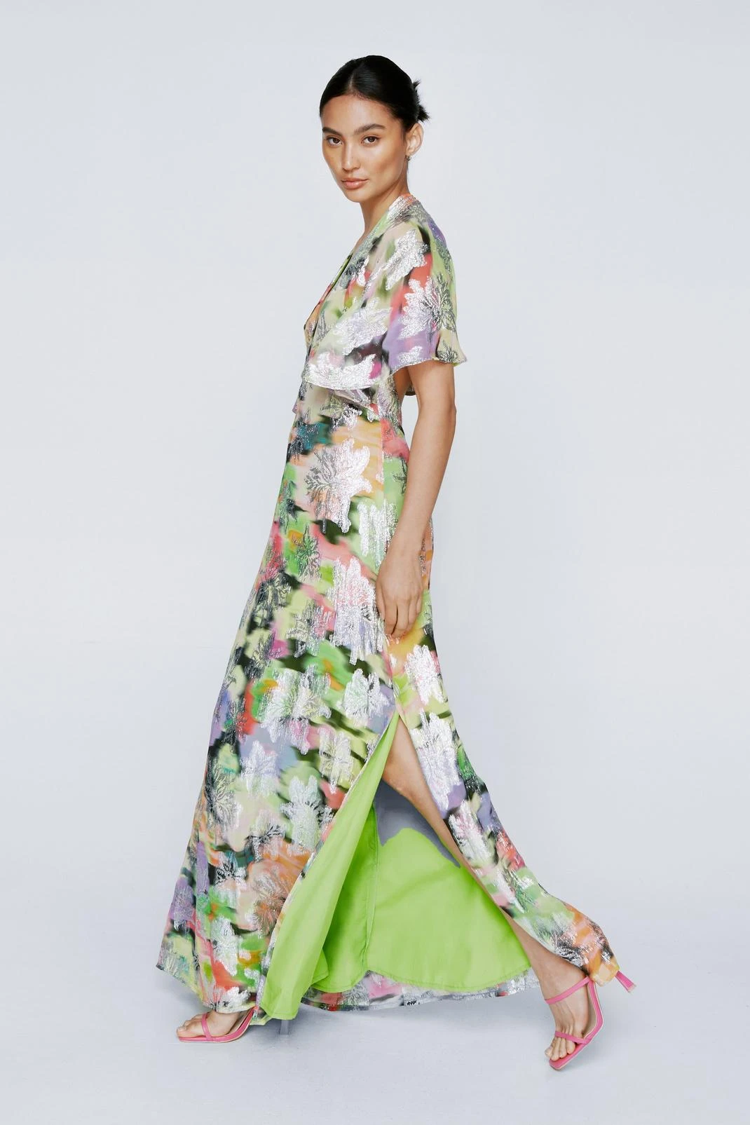 Petite Metallic Floral Print Angel Sleeve Dress