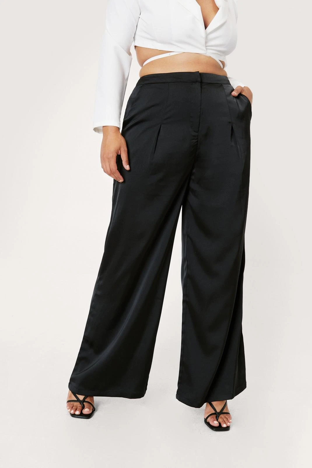 Plus Size Pleat Front Satin Wide Leg Pants - Image 2