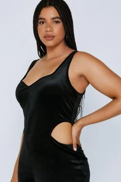 Plus Size Velvet Cut Out Jumpsuit