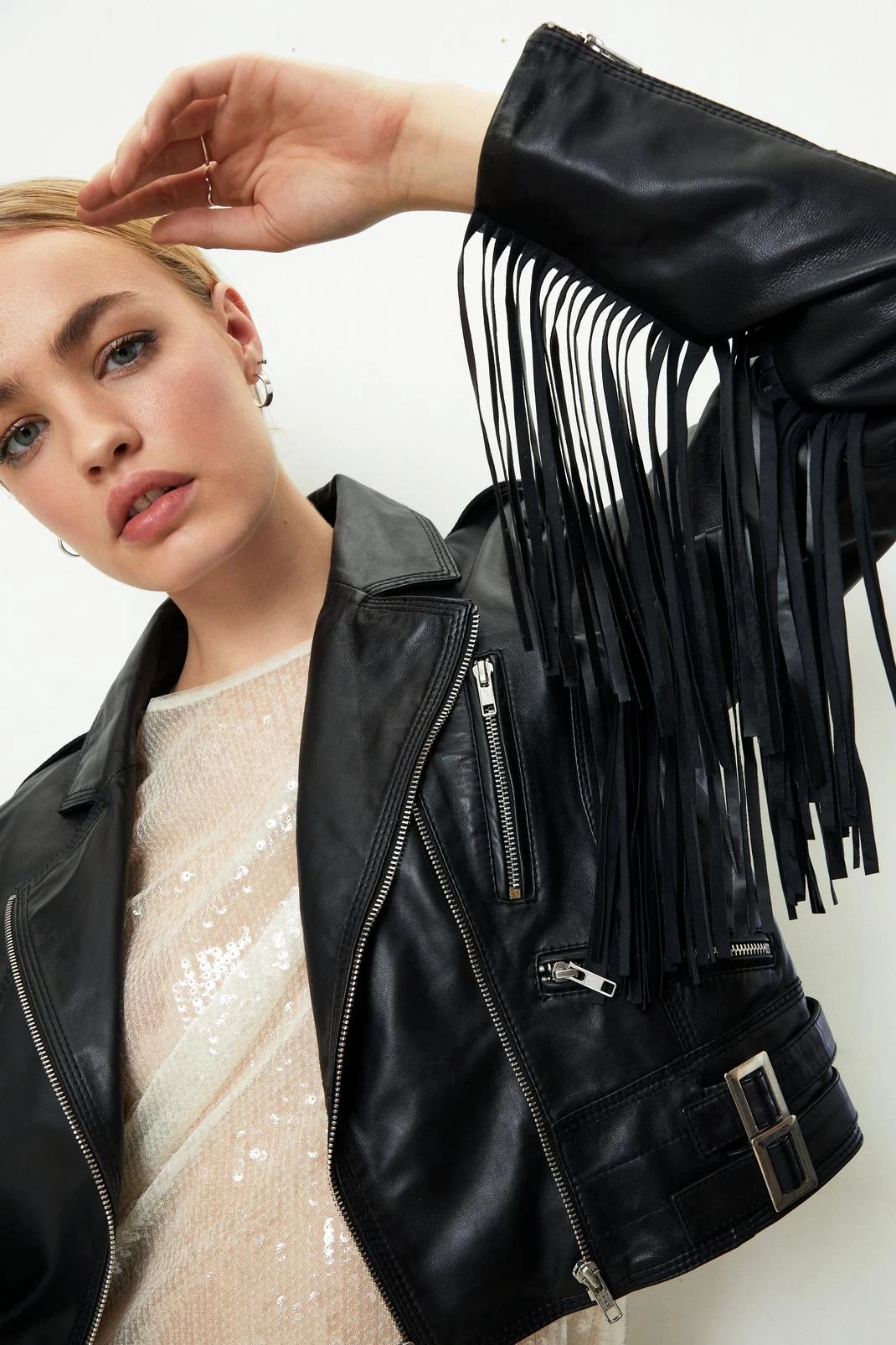 Real Leather Crop Fringe Detail Biker Jacket - Image 6