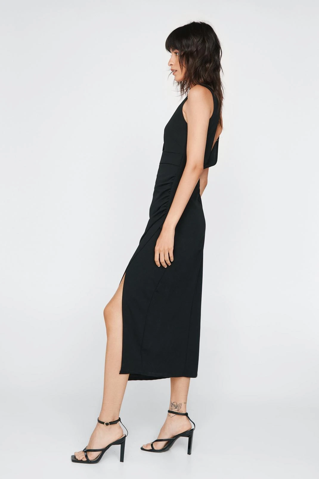 Ruched V Neck Midi Dress
