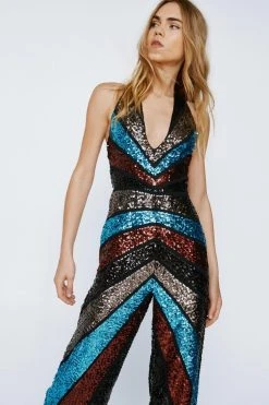 Sequin Contrast Halterneck Jumpsuit