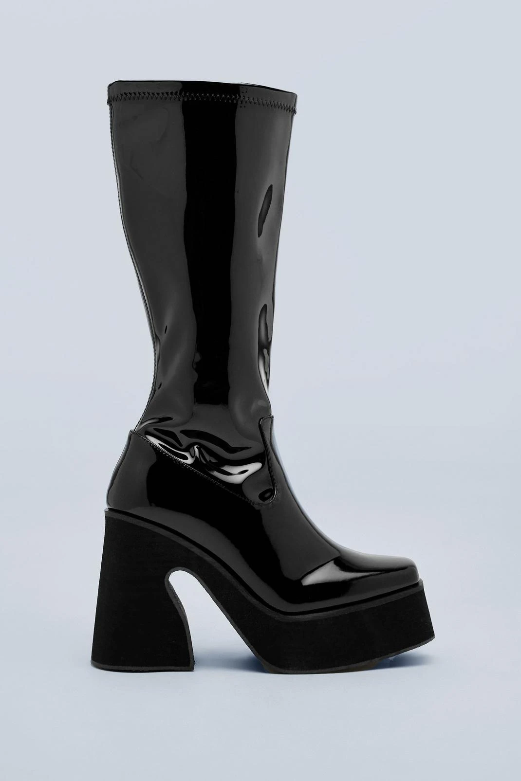 Stretch Patent Platform Flare Knee High Boots - Image 2