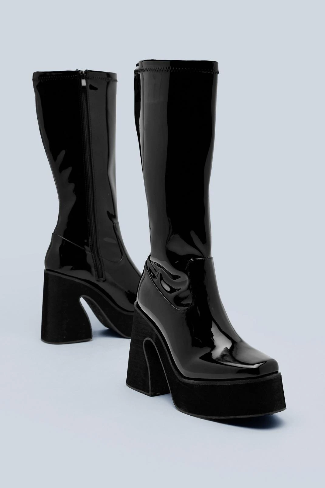 Stretch Patent Platform Flare Knee High Boots - Image 3