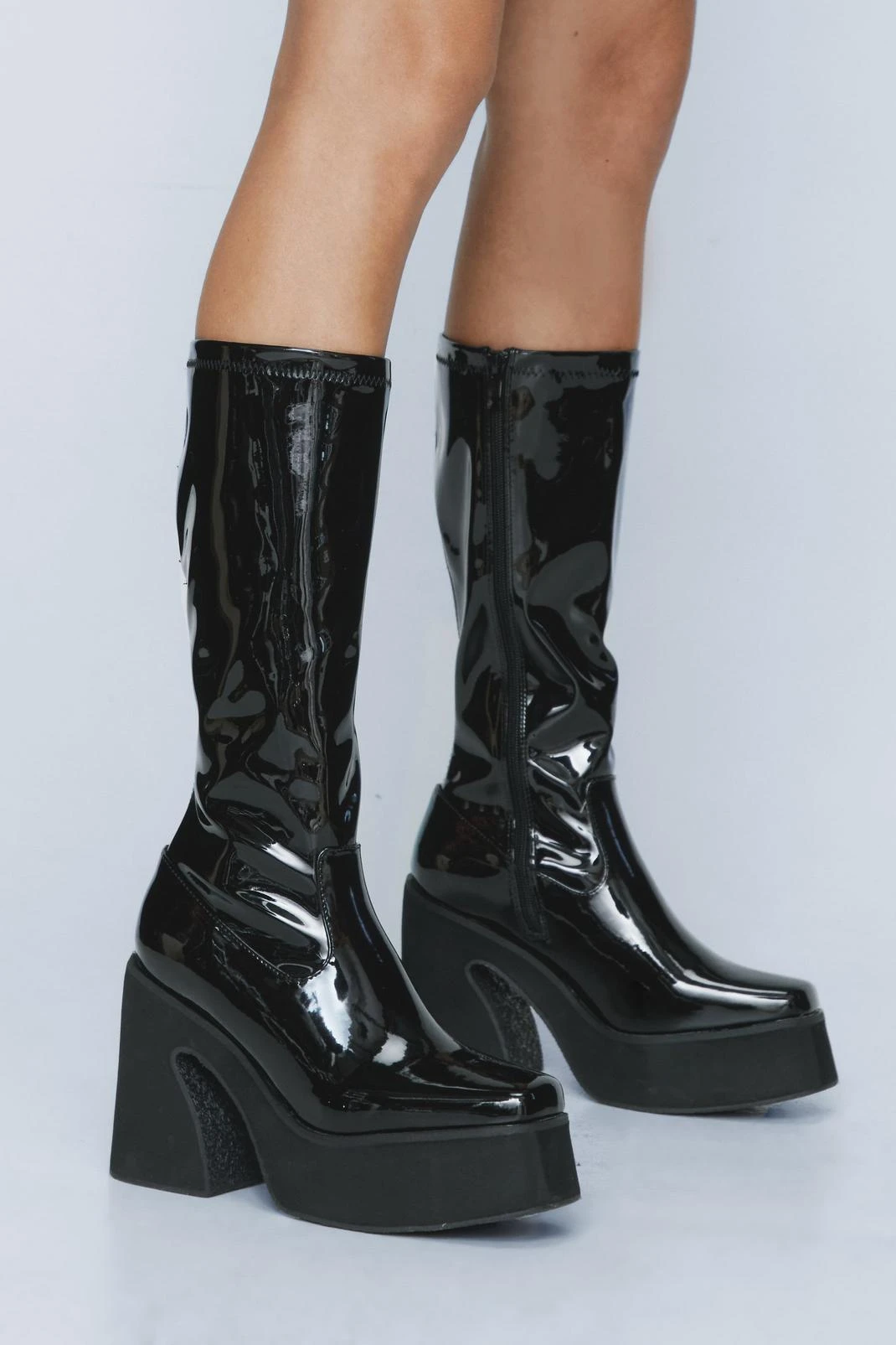Stretch Patent Platform Flare Knee High Boots