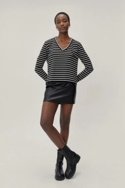 Stripe Print Ribbed Long Sleeve Top