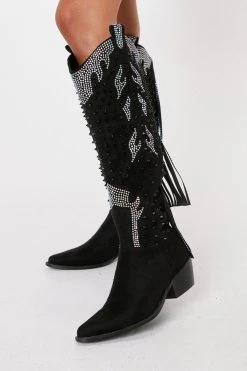 Studded Diamante Faux Suede Cowboy Boots