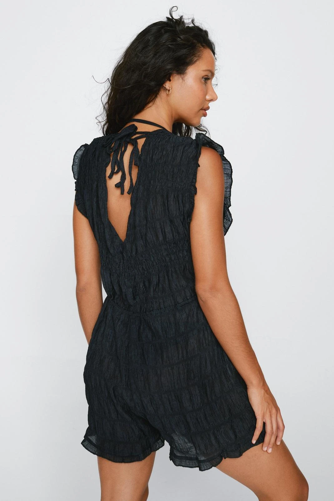 Textured Tie Front Beach Romper - Image 3