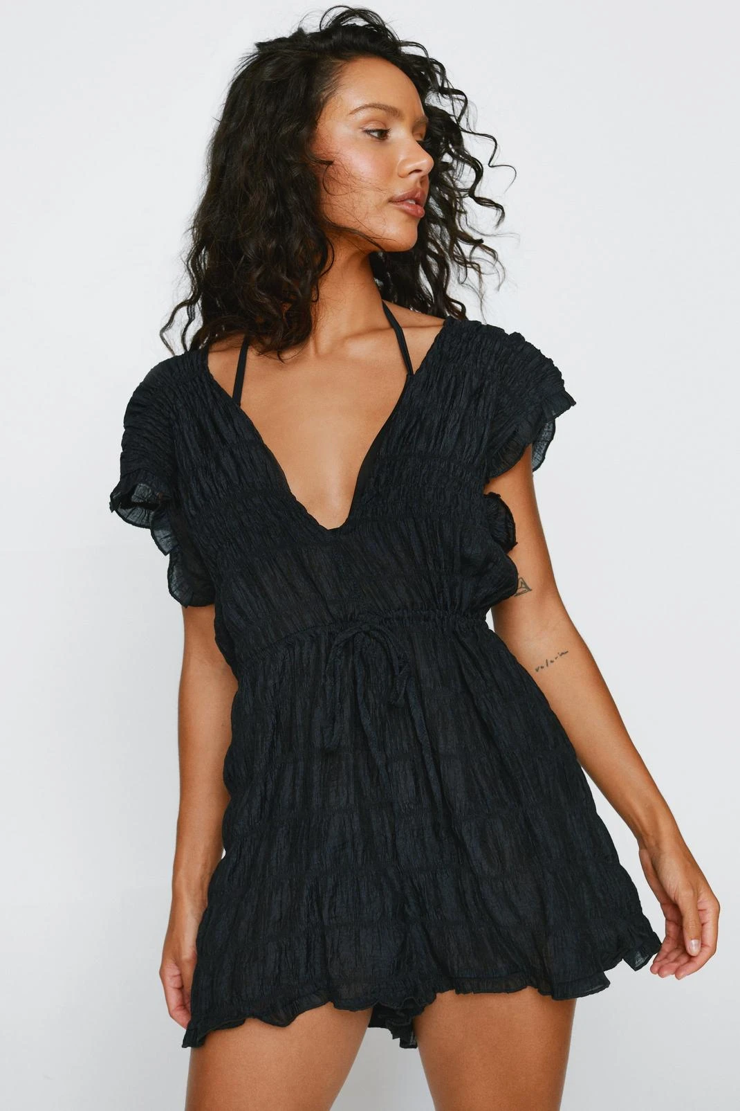 Textured Tie Front Beach Romper - Image 4
