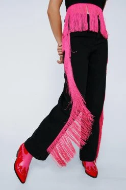 Twill Fringe Detail Straight Leg Mid Rise Pants